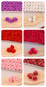 Detail of 3-layer scented soap roses in six colors on wooden display board