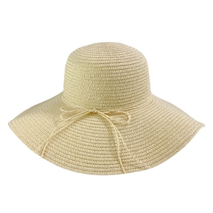 Classic beige straw sun hat with wide brim and decorative bow on plain white background