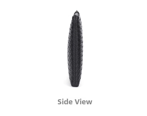 Side view of black woven leather clutch showing soft texture and metal zipper detail