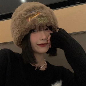 Brown fuzzy knit beanie for women featuring thick faux fur and stylish letter embroidery