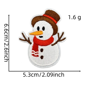 Detail of embroidered snowman patch with dimensions 6.6cm by 5.3cm for holiday decor