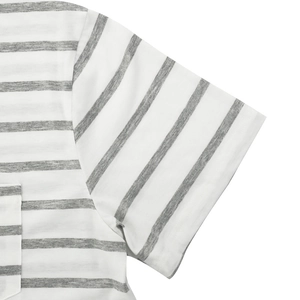 Macro shot of striped fabric texture and stitching detail on men's gray and white T-shirt