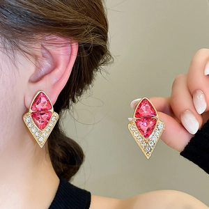 Vintage Geometric Rhombus Stud Earrings Alloy Pink Rhinestone With 925 Sterling Silver Earring Post
