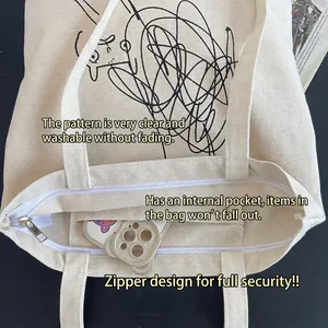 Minimalist canvas tote bag with rabbit graffiti featuring zipper closure and inner pocket