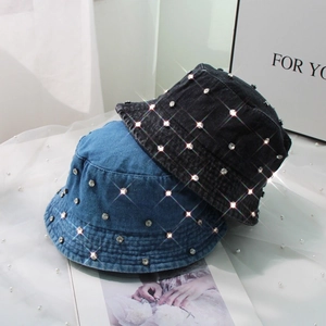 Rhinestone Denim Bucket Hat Washed Cotton Short Brim Sun Protection Fashion Casual Beach Summer For Women