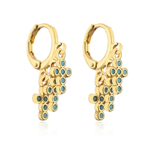 Macro detail of 18K gold plated hoop earrings with micro-set blue zircon gemstones