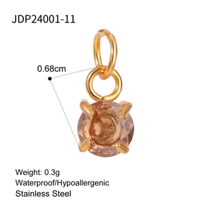Macro shot of 0.68cm stainless steel charm with brown zircon and technical specifications