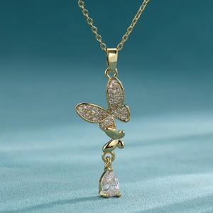 Elegant Butterfly Pendant Necklace Stainless Steel Zircon Water Drop Crystal Jewelry For Women