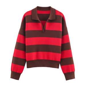 Pull En Maille Rayé Polo Col En V Manches Longues Décontracté Rétro Tricot À Côtes Pour Femmes