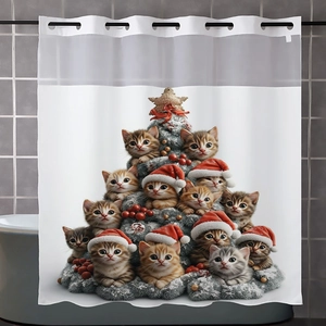 Detail of Christmas cat tree waffle shower curtain with festive red hats and metal grommets
