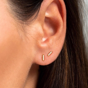 Minimalist S925 silver needle gold rectangle stud earrings with zircon on female model