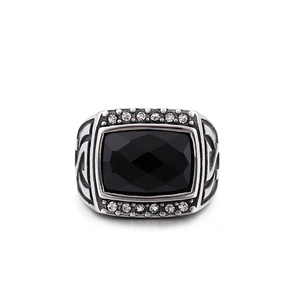 Men's hip hop silver ring with black rectangular gem and white zircon accents