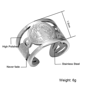 Polished stainless steel St. Benedict medal ring with clear cubic zirconia stones