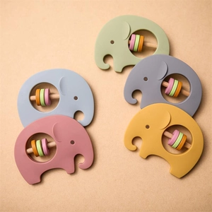 Silicone elephant baby rattles with wooden beads in five Morandi colors for teething