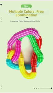 Colorful plastic pop tubes showing interlocking connections and flexible bending patterns