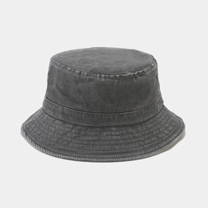 Detail shot of vintage washed dark gray denim bucket hat with reinforced stitching on brim