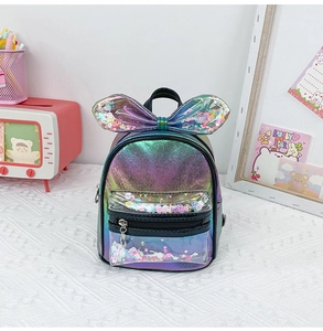 Close-up of glitter sequins and bow detail on colorful laser PU kids backpack