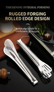 Detail of thickened stainless steel tongs with hollow design on black kitchen surface