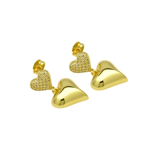 Close-up of gold plated double heart earrings with sparkling cubic zirconia crystals