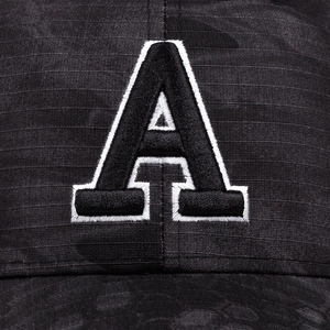 Black baseball cap featuring a premium 3D embroidered letter A with white border