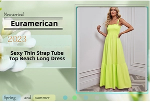Detail of smocked bust and thin straps on a neon green strapless vacation maxi dress