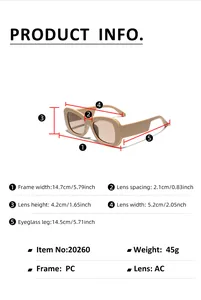 Detailed size chart for square frame sunglasses with frame width and lens height dimensions