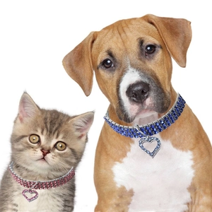 Vue détaillée de colliers en strass bleu et rose avec pendentifs cœur pour chat et chien