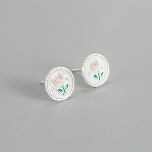 S925 Sterling Silver Tulip Flower Stud Earrings Vintage French Style Enamel Drip Oil Round Jewelry For Women Elegant Floral Earrings