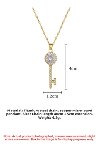 Detailed view of cubic zirconia key pendant with 4x1.2cm size and 40+5cm chain specs