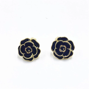 Elegant gold plated black enamel rose stud earrings with circular flower design for women