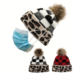 Bonnet En Tricot Avec Pompon En Fausse Fourrure Imprimé Léopard Plaid Acrylique Chaud Hiver Extérieur Bouton Pour Masque
