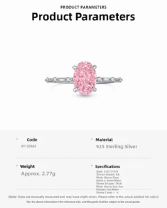 Detailed specs of S925 silver ring featuring a 6x9mm 1.5ct pink oval ice cut zircon stone