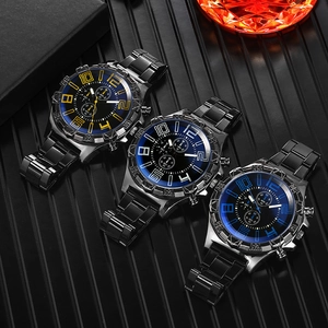 Three men's quartz sports watches with blue dials and luminous markers on black background