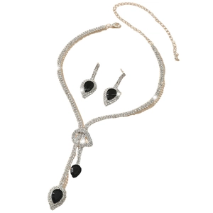Elegant bridal jewelry set with silver necklace and black teardrop pendant earrings