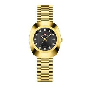 Reloj de cuarzo dorado para hombre con esfera negra, diamantes y calendario