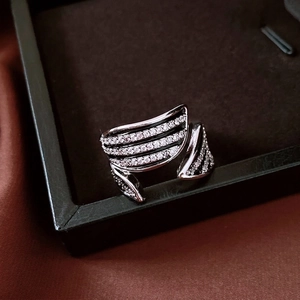 Vintage wide striped zircon open ring with black plating and multi-layer pavé crystals
