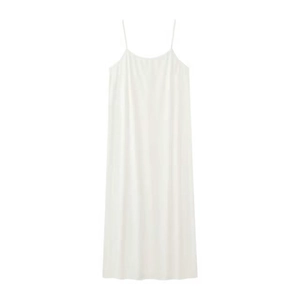 Detail of white satin long dress with delicate bead decorations and waist drawstring