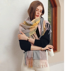 Women Fashion Plaid Color Block Scarf Warm Imitation Cashmere Scarf With Tassels Soft Elegant Large Shawl Winter Neck Wrap