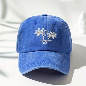 Blue washed cotton baseball cap with white embroidered palm trees and Summer text