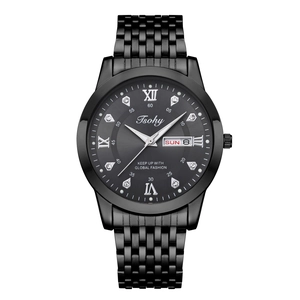 Men's minimalist black stainless steel quartz watch with day-date display dial