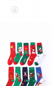 Detailed flat lay of assorted Christmas crew socks with festive reindeer and Santa patterns