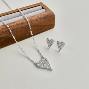 S925 Sterling Silver Heart Necklace Stud Earrings For Women Sparkling Zirconia Inlaid Fashion Accessories Jewelry Gift