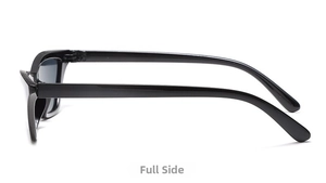 Side view of black cat eye sunglasses featuring slim temples and glossy finish frames
