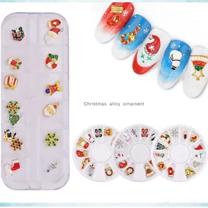 Christmas Nail Art Charms Alloy Enamel Rhinestone Snowflake Santa Tree DIY Decorations With Storage Organizer