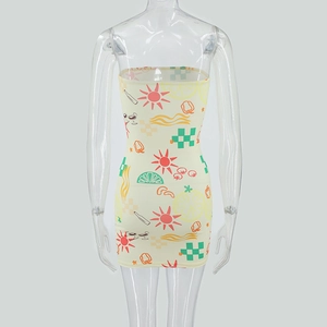 Rear detail of yellow strapless mini dress with vibrant sun and lemon doodle prints