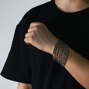 Men's silver rope chain bracelet set with hip hop punk style in a layered metal design