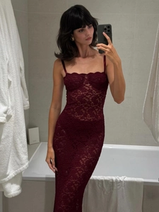 Abito Maxi In Pizzo Sexy Con Spalline Sottili Vestibilità Aderente Da Sera Elegante Floreale Trasparente Senza Maniche Bodycon Donna