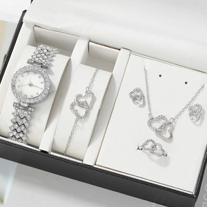 Elegant silver watch and jewelry gift set with rhinestones and heart charms in a box