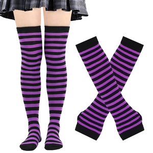Striped purple and black over-the-knee socks set with matching long arm warmers