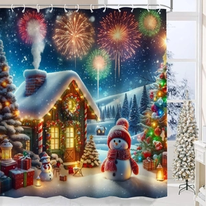 Detail view of waterproof polyester Christmas shower curtain featuring snowman and tree